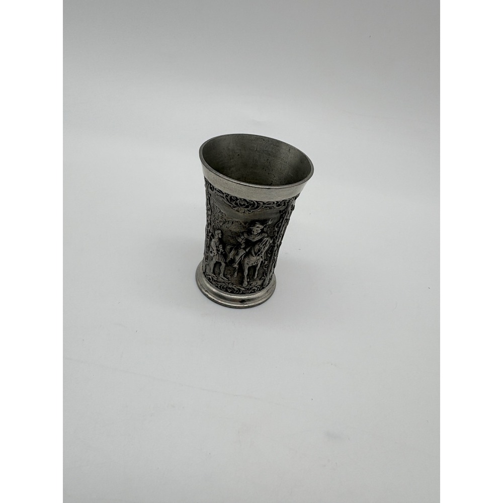 SKS‎ Zinn 95% Pewter Miniature Cup Ornate Relief Horseman Silver Tone Germany
